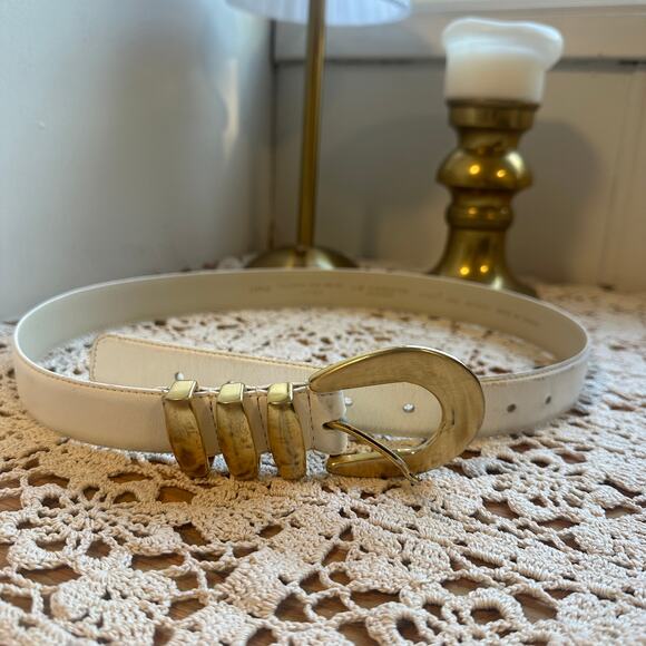 Vintage Liz Claiborne Large Fullgrain Leather Semi Aniline Ivory Gold Belt - Picture 2 of 6
